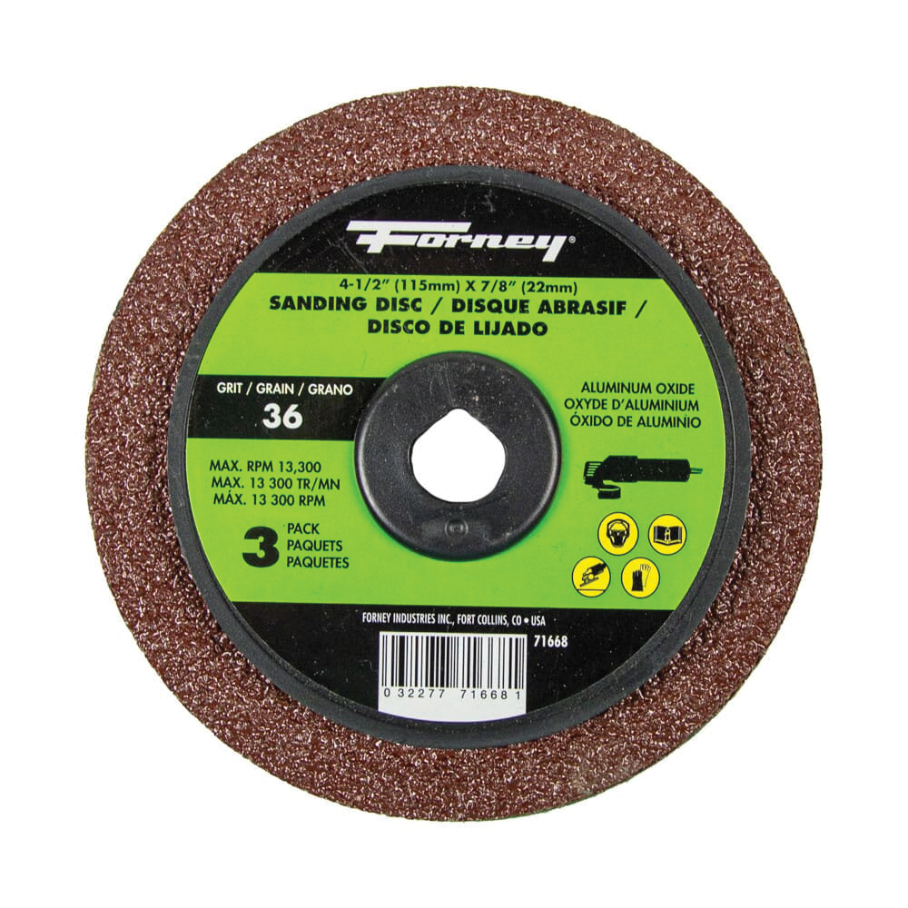 71668 Sanding Disc, 4-1/2 in Dia, 7/8 in Arbor, 36 Grit, Extra Coarse, Aluminum Oxide Abrasive, Fiber Backing