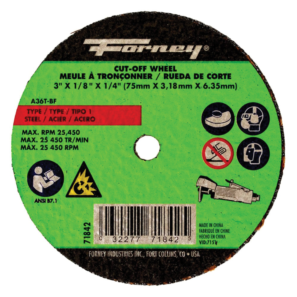 71842 Cut-Off Wheel, 3 in Dia, 1/8 in Thick, 1/4 in Arbor, 36 Grit, Medium, Aluminum Oxide Abrasive