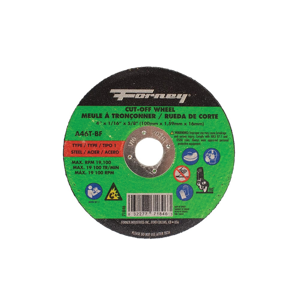 71846 Cut-Off Wheel, 4 in Dia, 1/16 in Thick, 5/8 in Arbor, 46 Grit, Medium, Aluminum Oxide Abrasive