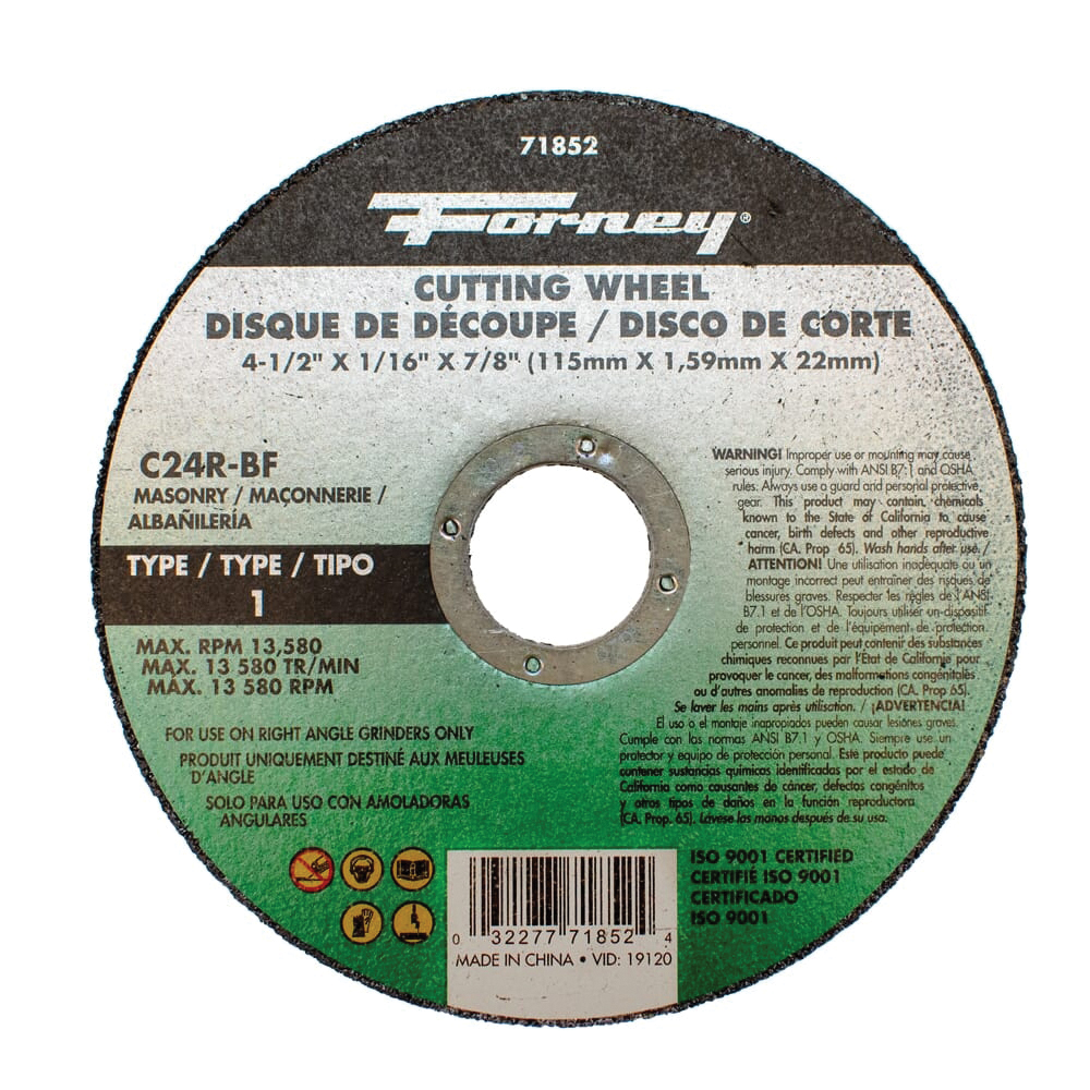 71852 Cut-Off Wheel, 4-1/2 in Dia, 1/16 in Thick, 7/8 in Arbor, 24 Grit, Coarse, Silicon Carbide Abrasive