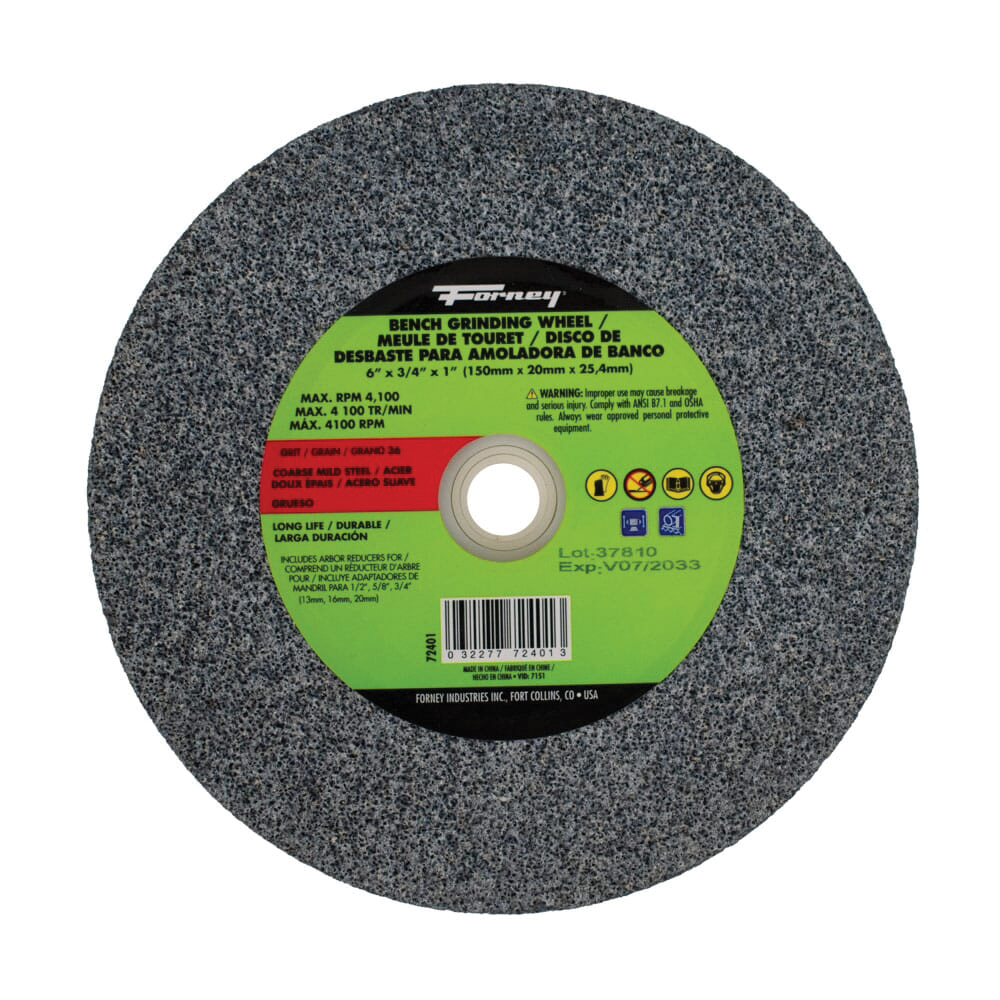 72401 Bench Grinding Wheel, 6 in Dia, 1 in Arbor, 36 Grit, Medium, Aluminum Oxide Abrasive