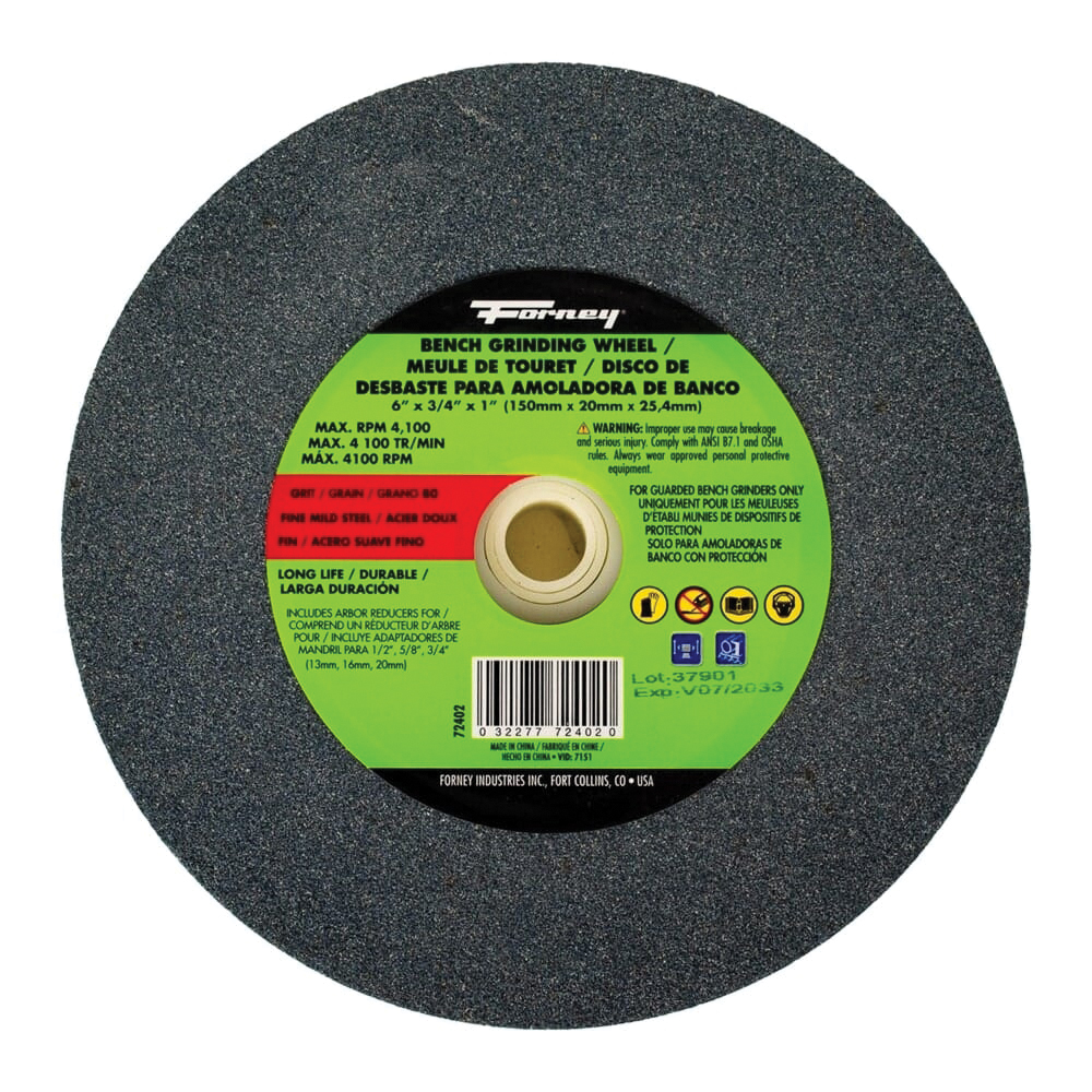 72402 Bench Grinding Wheel, 6 in Dia, 1 in Arbor, 80 Grit, Fine, Aluminum Oxide Abrasive