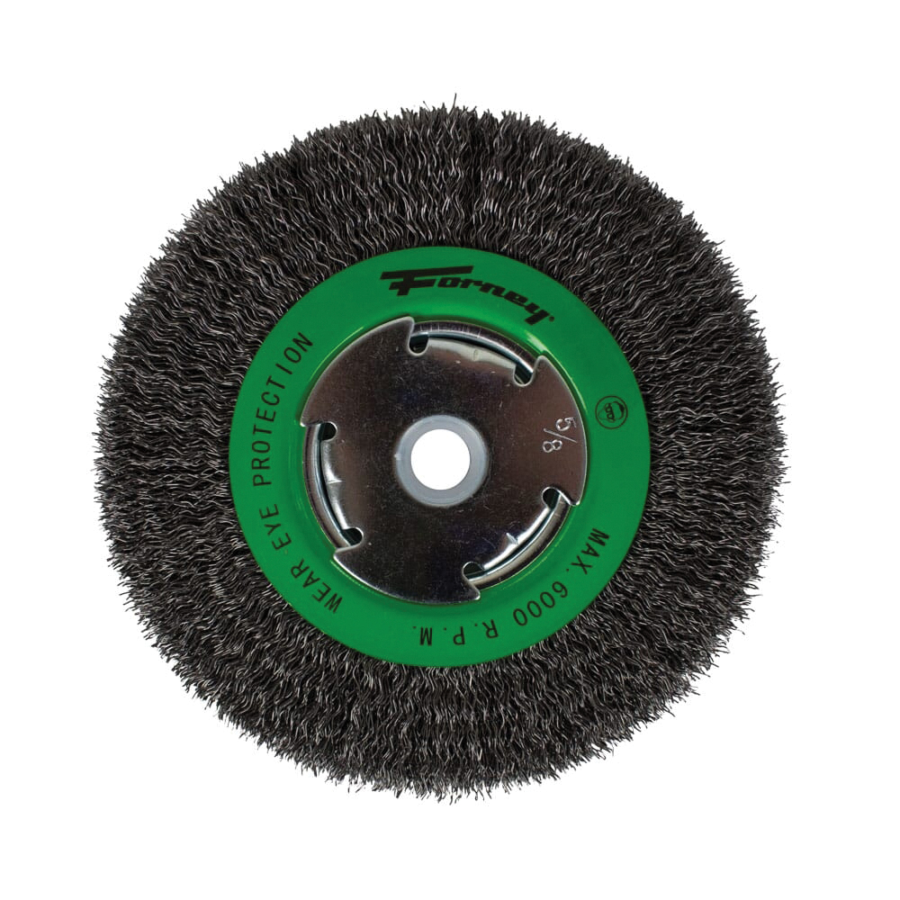 72750 Wire Bench Wheel Brush, 6 in Dia, 1/2 to 5/8 in Arbor/Shank, 0.014 in Dia Bristle