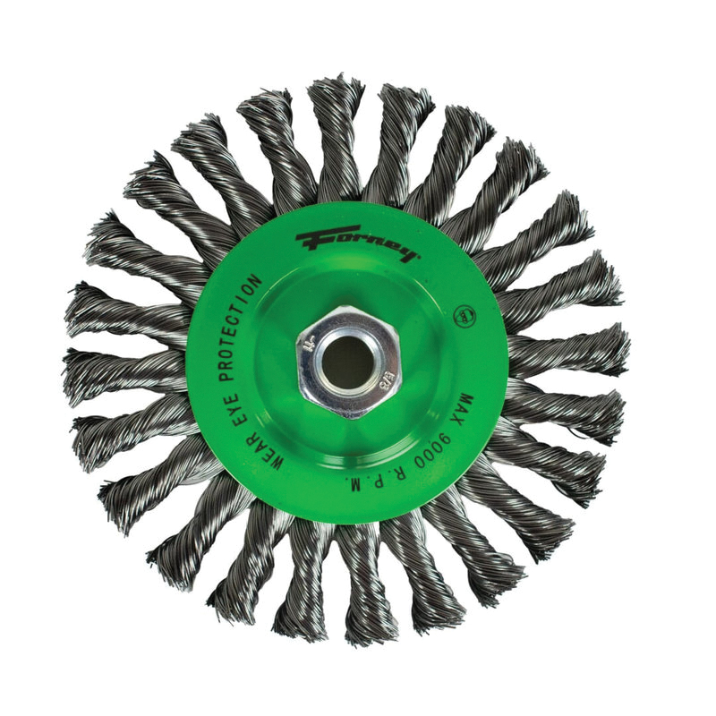 72758 Wire Wheel Brush, 6 in Dia, 5/8-11 Arbor/Shank, Twist Knot Bristle, 0.02 in Dia Bristle