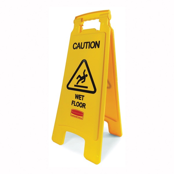 Rubbermaid FG611277 YEL Floor Sign, 11 in W, Yellow Background, Caution Wet Floor, English, French, Spanish - 1