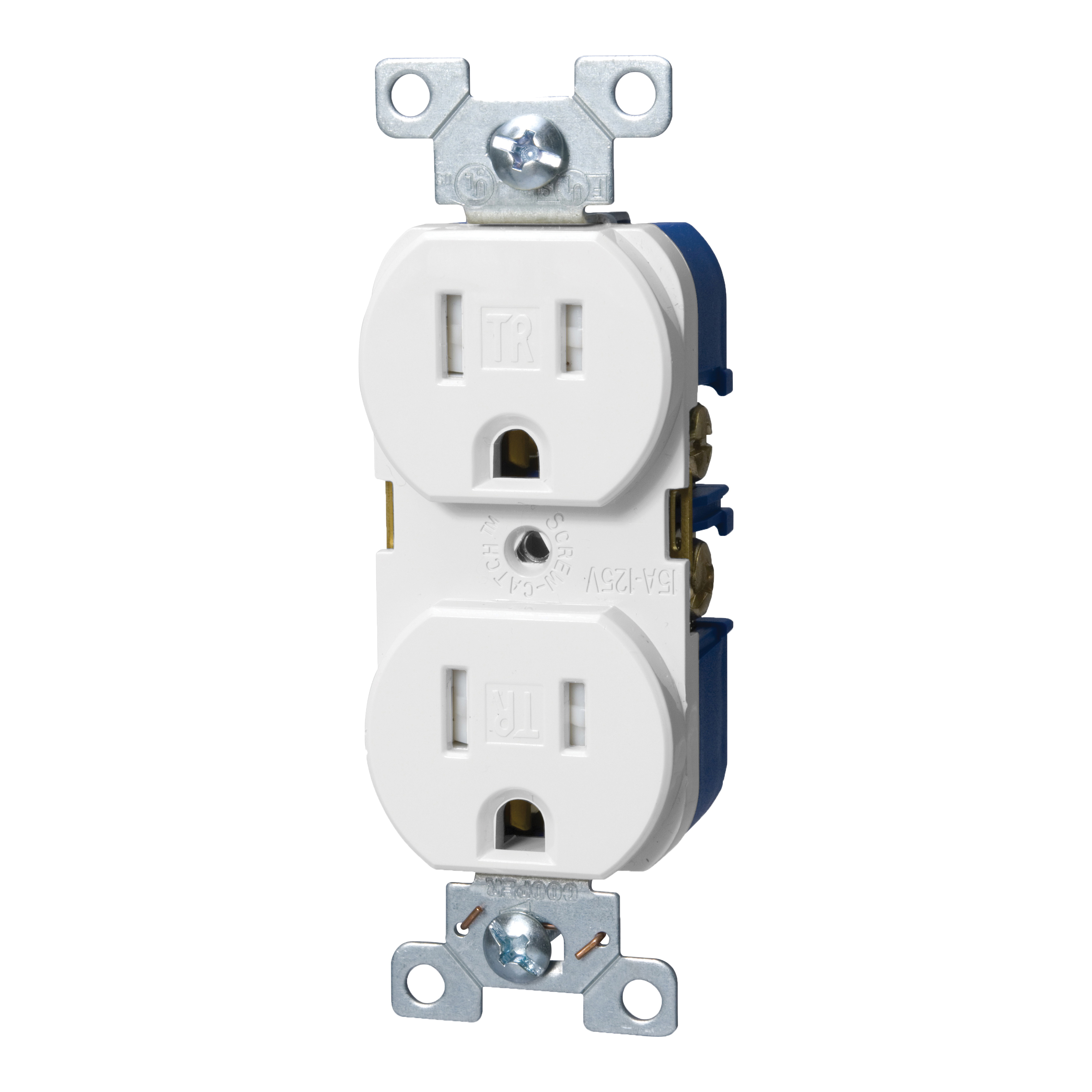 TRBR15W-BXSP Duplex Receptacle, 2-Pole, 15 A, 125 V, Back, Side Wiring, NEMA: 5-15R, White