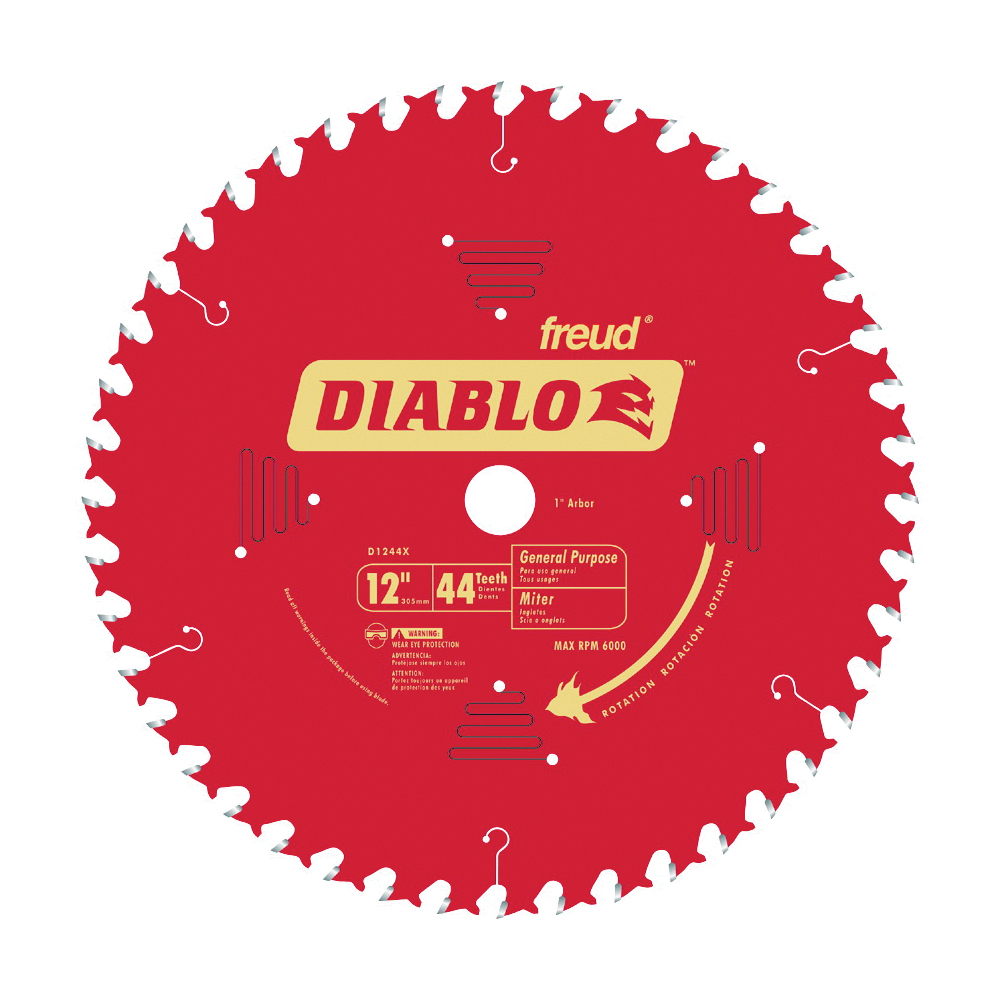 D1244X Circular Saw Blade, Wood, 12 in Dia, 1 in Arbor, 44-Teeth, Carbide Cutting Edge