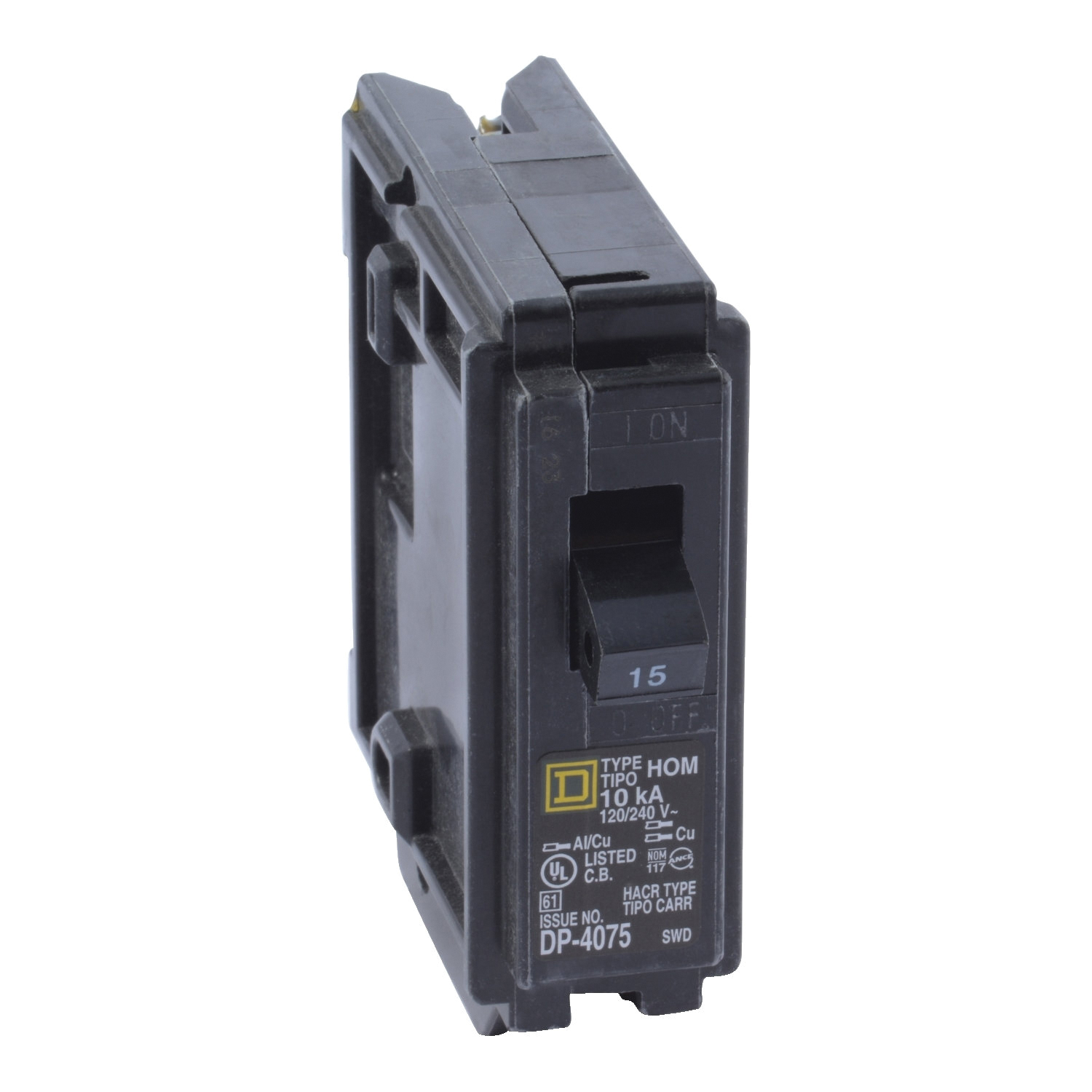 Homeline HOM115C Miniature Circuit Breaker, 15 A, 1-Pole, 120 V, Plug Mounting, Black