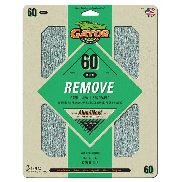 AlumiNext 7260 Sanding Sheet, 11 in L, 9 in W, 60 Grit, Coarse, Aluminum Oxide Abrasive