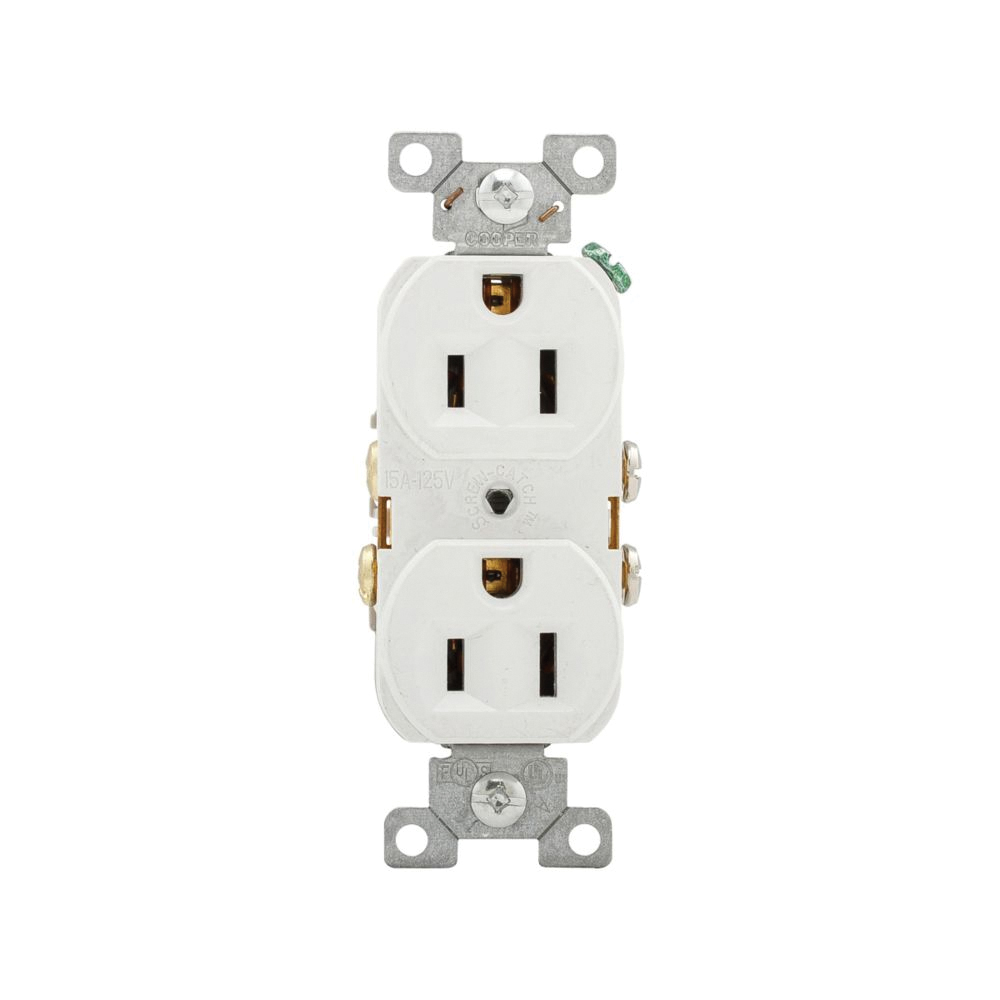 CR15W Duplex Receptacle, 2-Pole, 15 A, 125 V, Side Wiring, NEMA: NEMA 5-15R, White