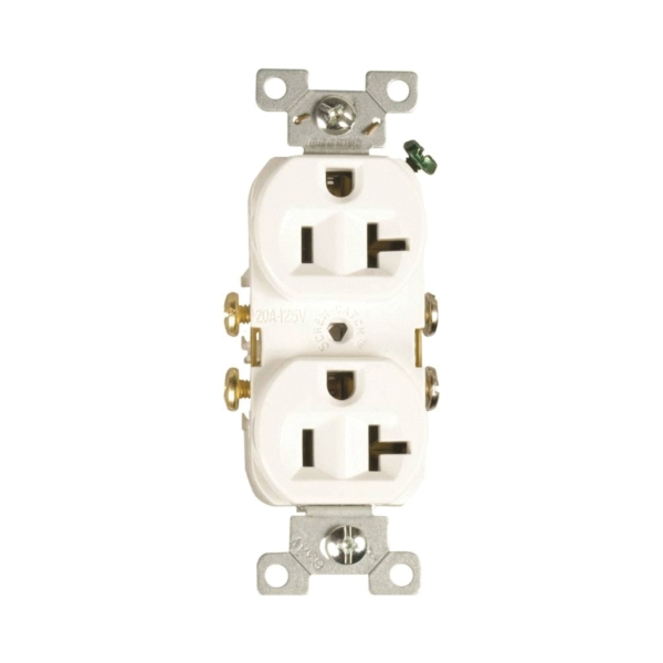 CR20W Duplex Receptacle, 2-Pole, 20 A, 125 V, Side Wiring, NEMA: 5-20R, White