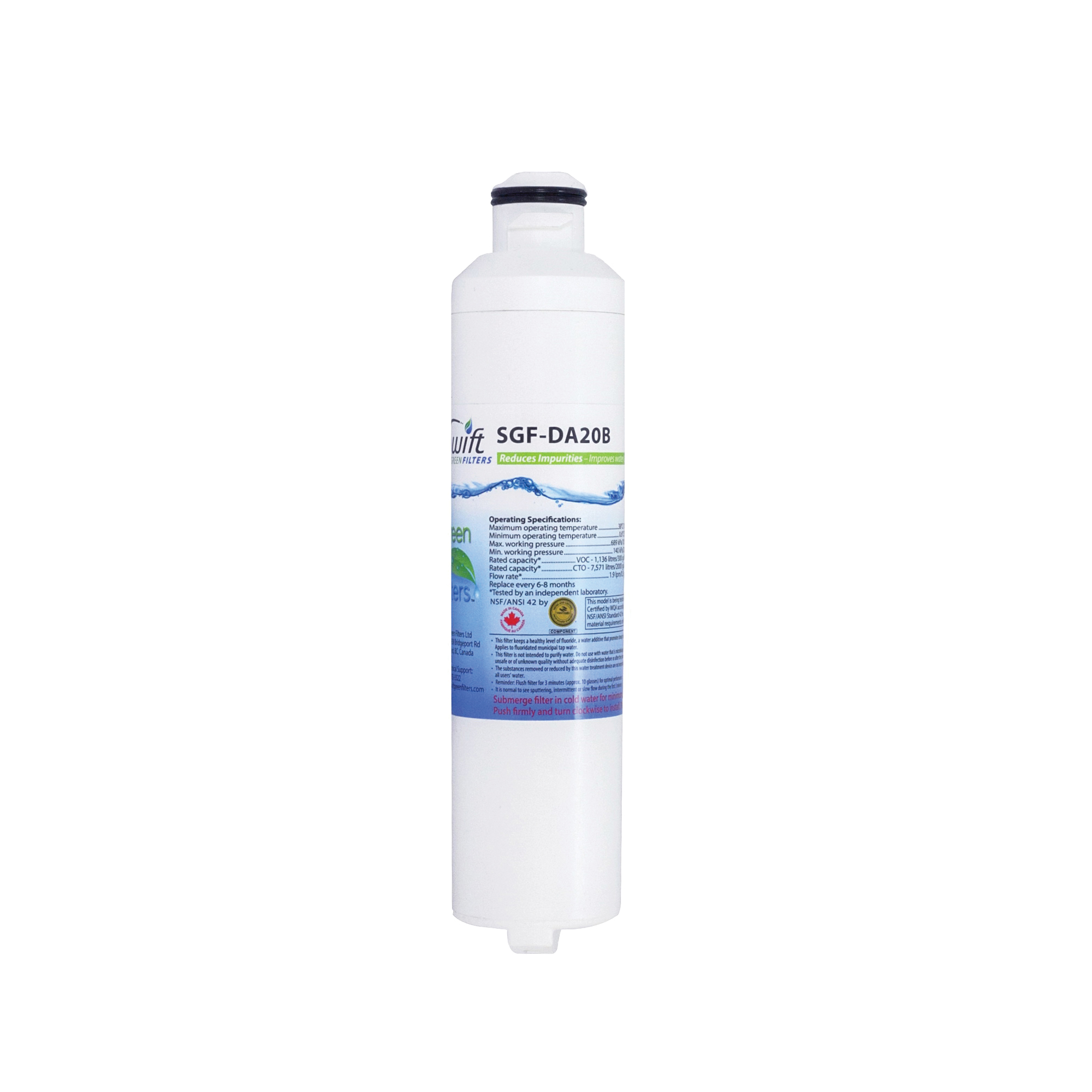Swift Green Filters SGF-DA20B Refrigerator Water Filter, 0.5 gpm, 0.5 um Filter, Coconut Shell Carbon Block Filter Media