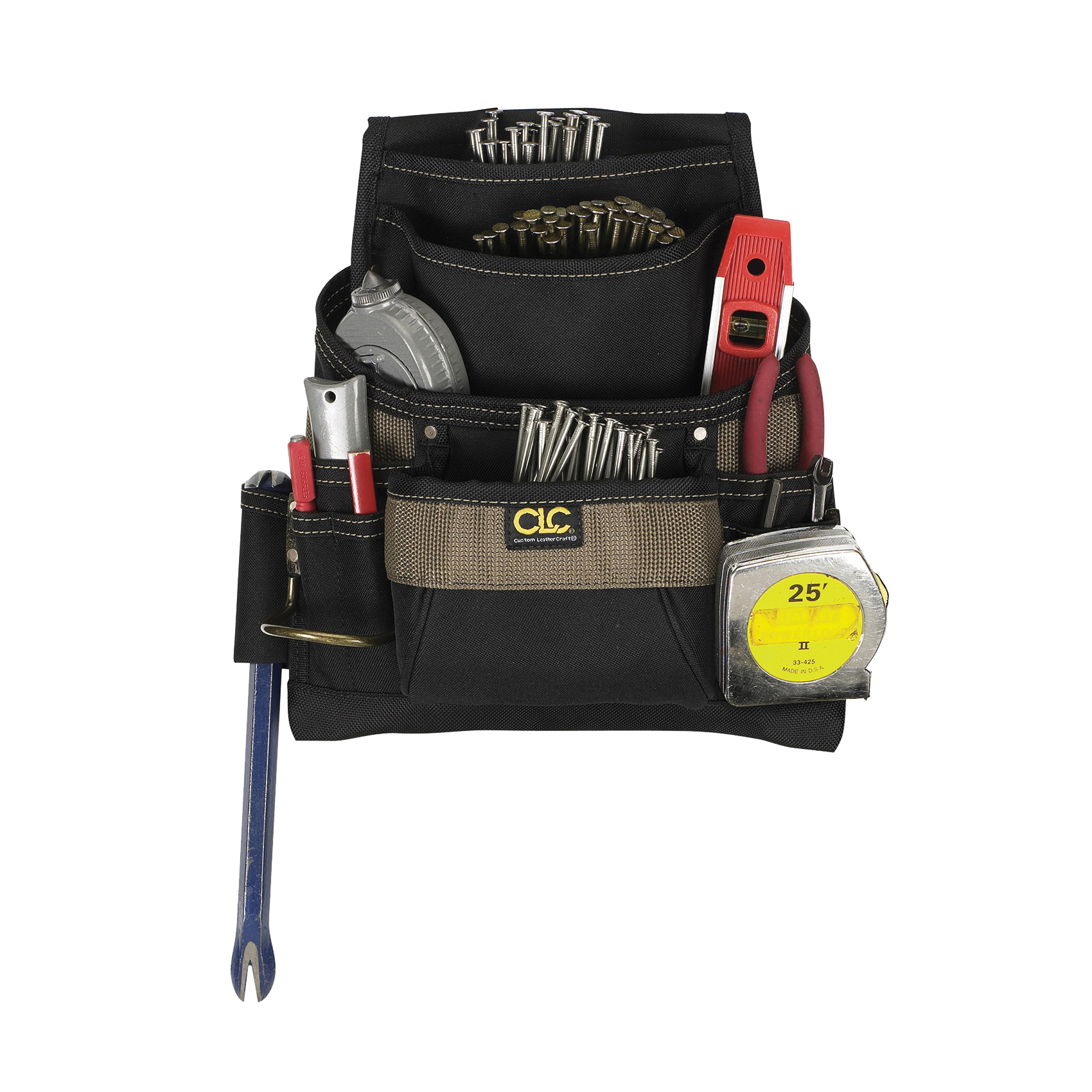 Tool Works Series 1620 Nail/Tool Bag, 12-3/4 in W, 3-1/4 in D, 13-3/4 in H, 11-Pocket, Polyester, Black/Brown