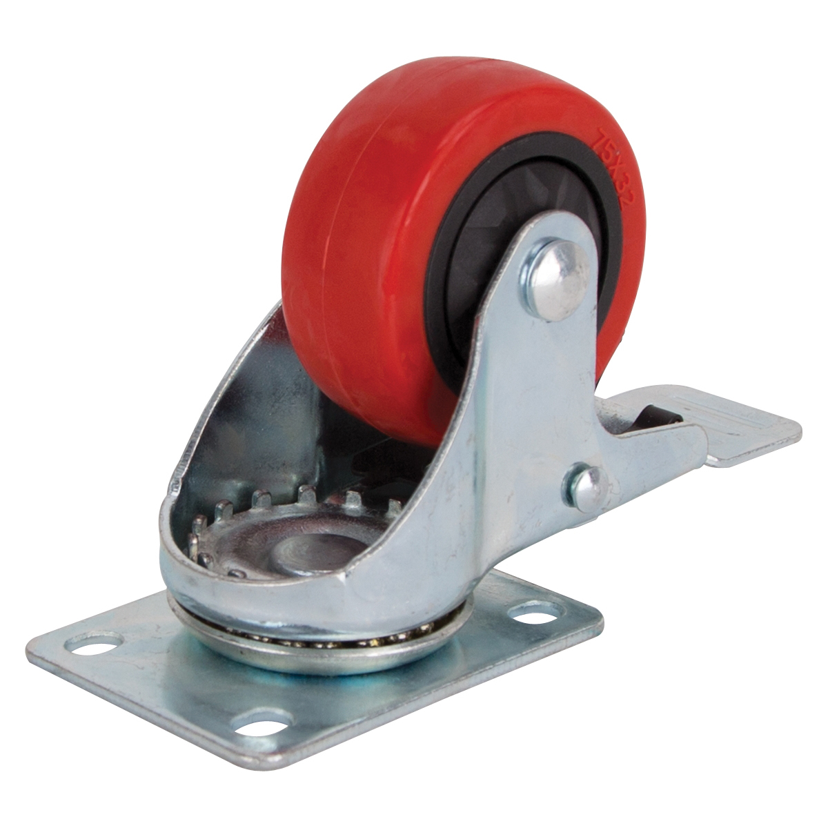 JC-386-G Swivel Caster with Brake, 3 in Dia Wheel, 30 mm W Wheel, Polyurethane Wheel, Red, 176 lb