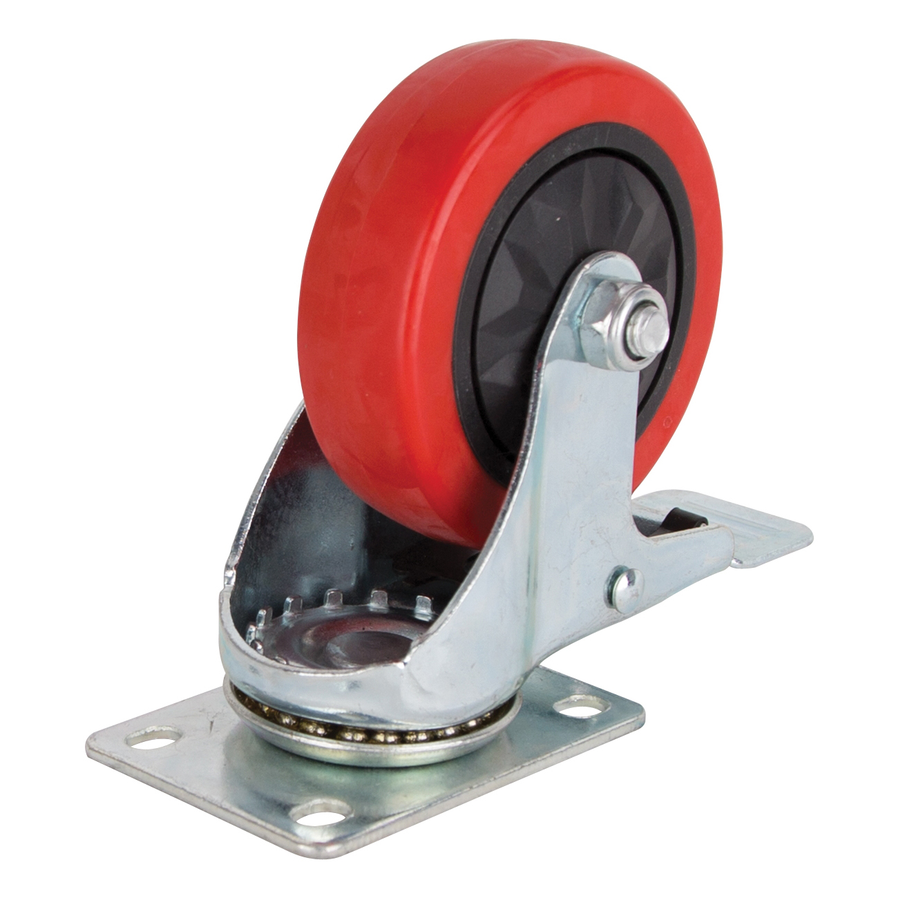 JC-387-G Swivel Caster with Brake, 4 in Dia Wheel, 30 mm W Wheel, Polyurethane Wheel, Red, 220 lb