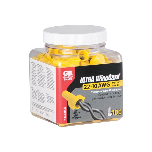 Gardner Bender WingGard 16-084 Wire Connector, Yellow, 22 to 10 AWG Wire, Steel Contact, Thermoplastic, 100/JAR