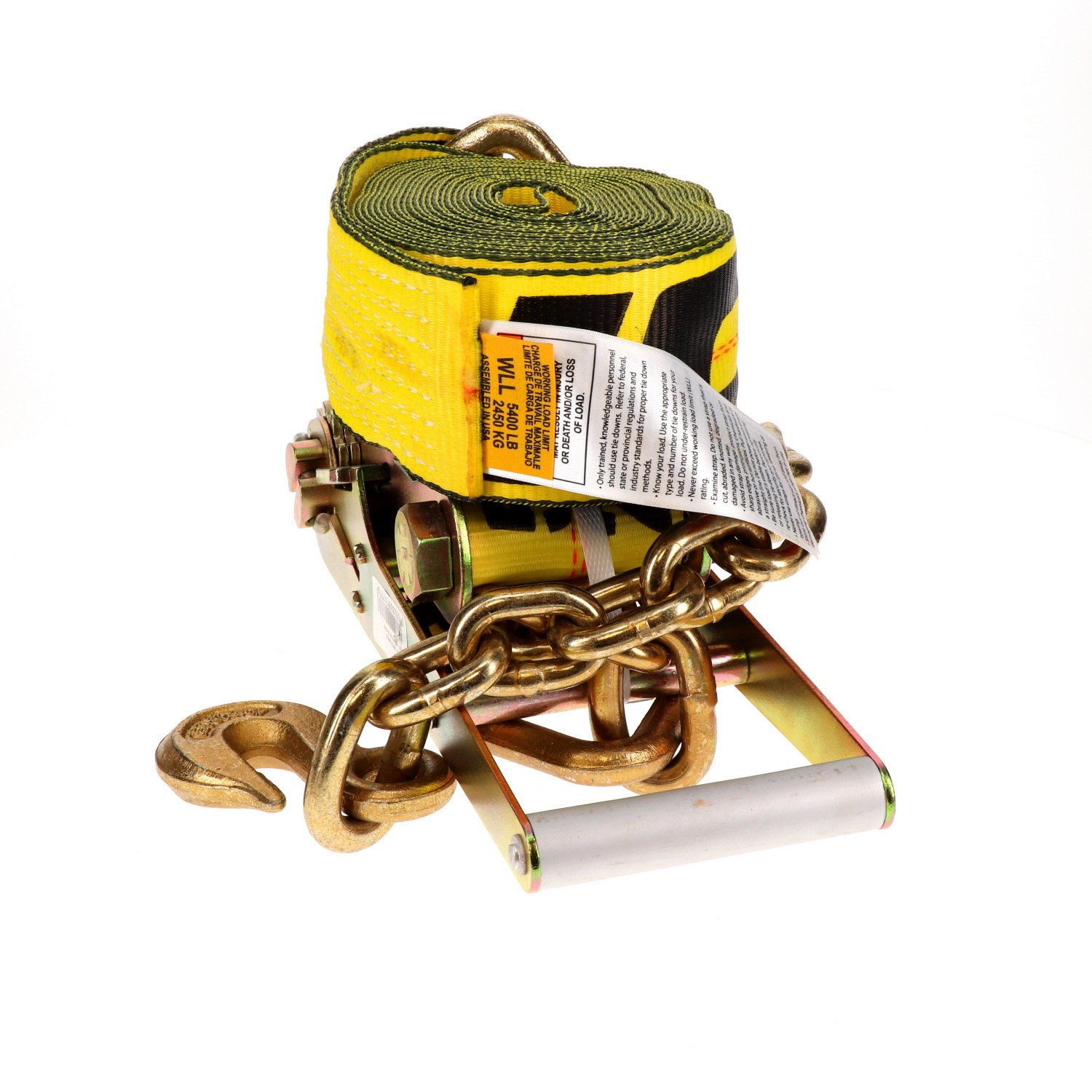 48987-24 Tie-Down Strap with Long Handle, 3 in W, 27 ft L, Polyester, Yellow, 5400 lb Working Load