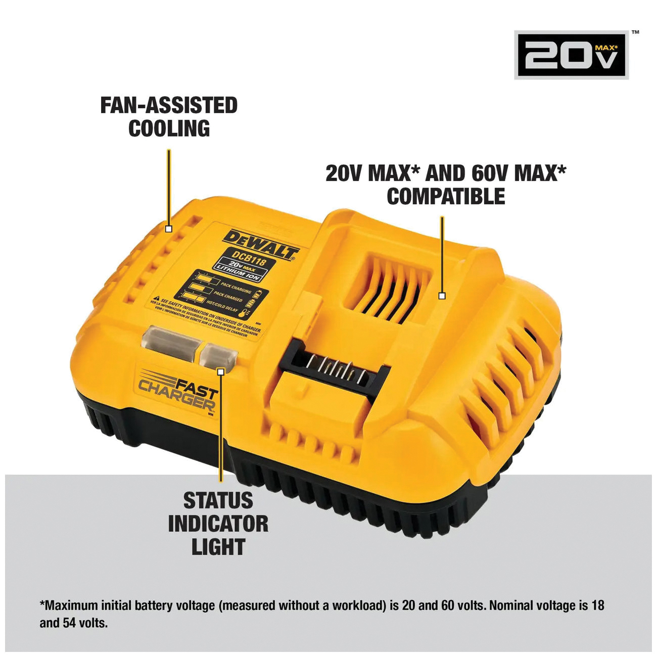DEWALT 20V MAX/60V MAX FLEXVOLT DCB118 Fast Charger, 20 to 60 V, 6 Ah, 8 A Charge, 60 min Charge, Battery Included: Yes - 4