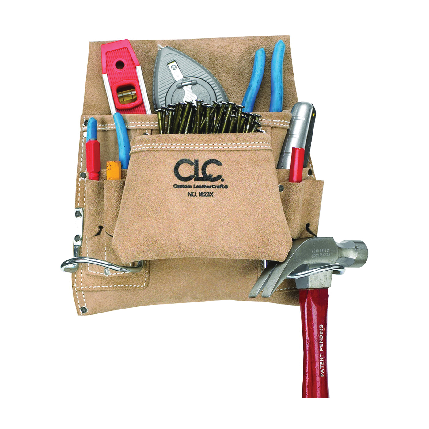 TOOL WORKS I823X Carpenter's Nail/Tool Bag, 20 in W, 12 in H, 8-Pocket, Suede Leather, Tan