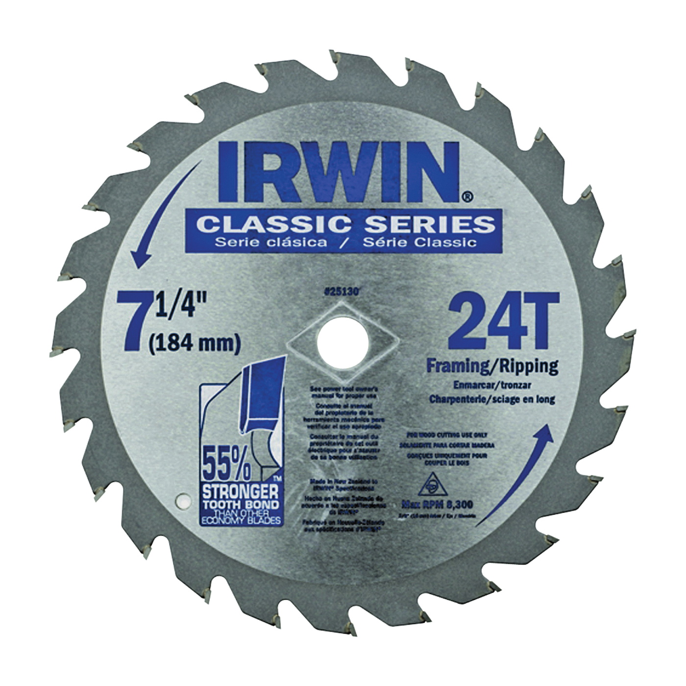 25130 Circular Saw Blade, Wood, 7-1/4 in Dia, 5/8 in Arbor, 24-Teeth, Carbide Cutting Edge