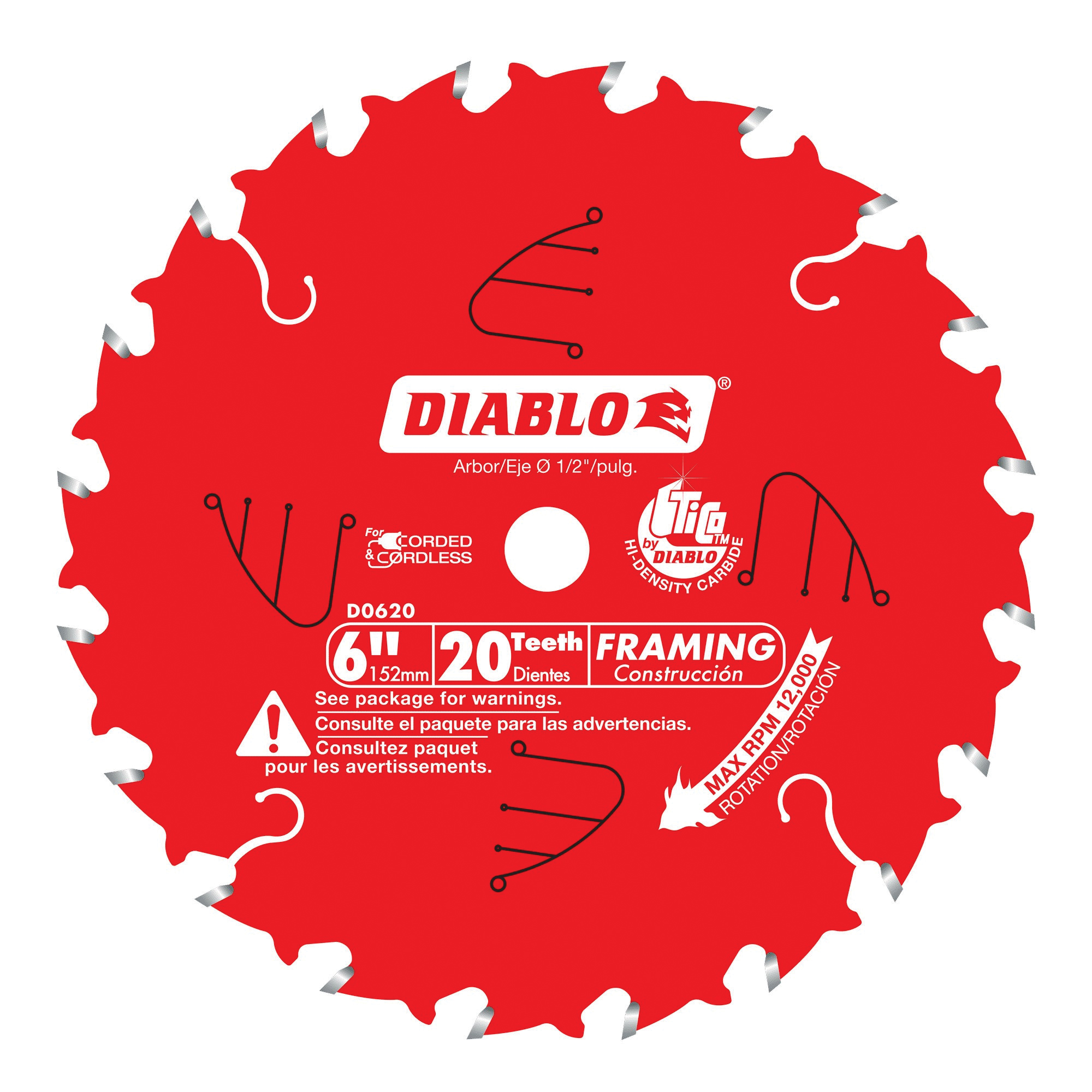 D0620X Circular Saw Blade, Wood, 6 in Dia, 1/2 in Arbor, 20-Teeth, Carbide Cutting Edge