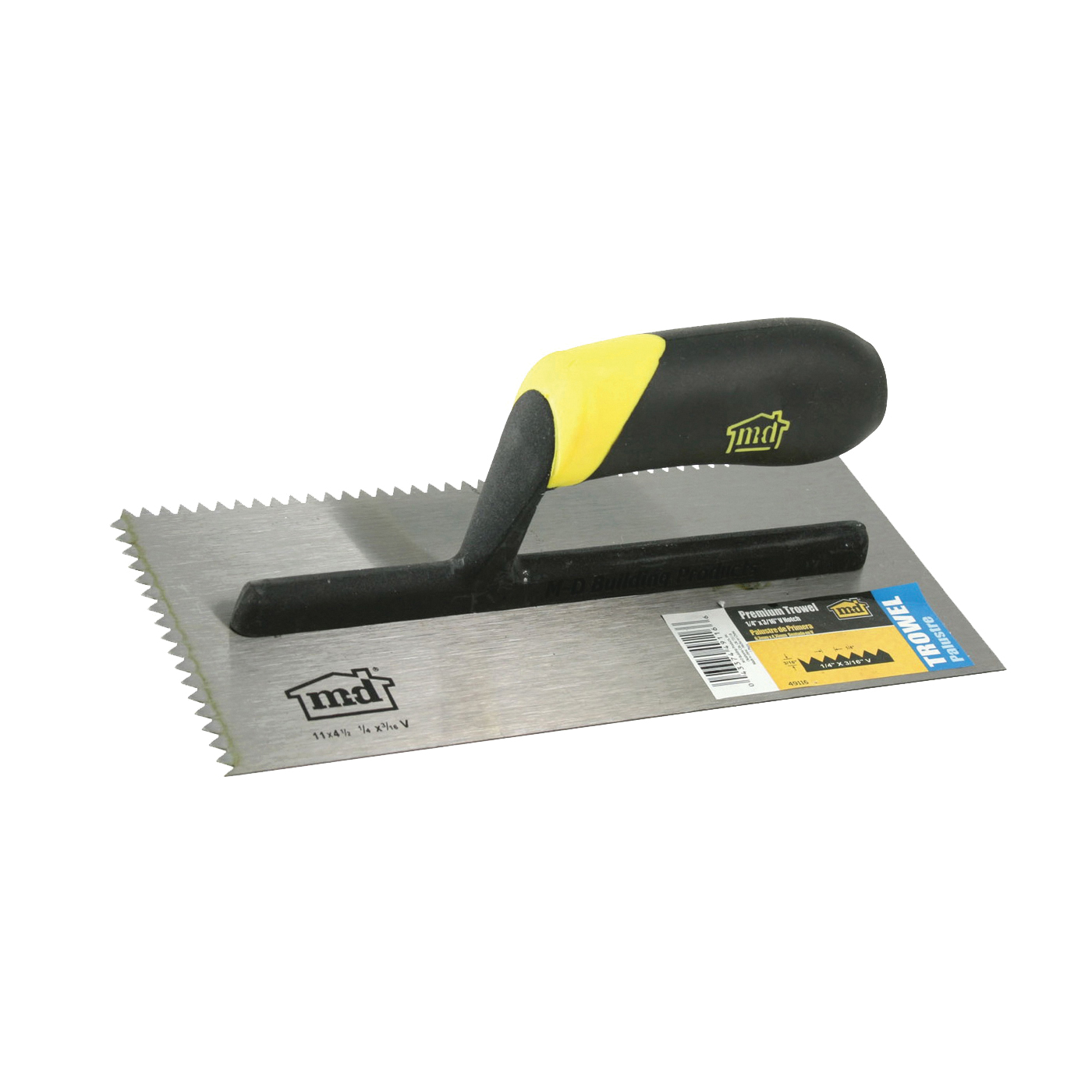 49116 Premium Notch Trowel, 12 in L, 4-1/2 in W, V Notch, Ergonomic Handle, Black/Yellow Handle