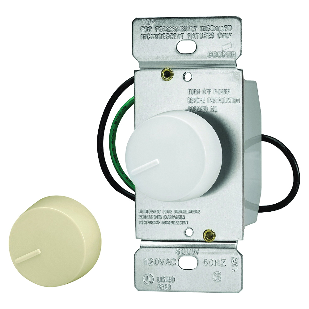 RI06P-VW-K2 Rotary Dimmer, 120 V, 600 W, Halogen, Incandescent Lamp, 3-Way, Ivory/White