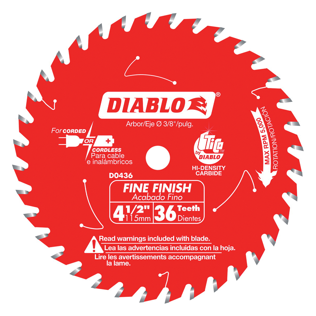 D0436X Circular Saw Blade, 4-1/2 in Dia, 3/8 in Arbor, 36-Teeth, Carbide Cutting Edge