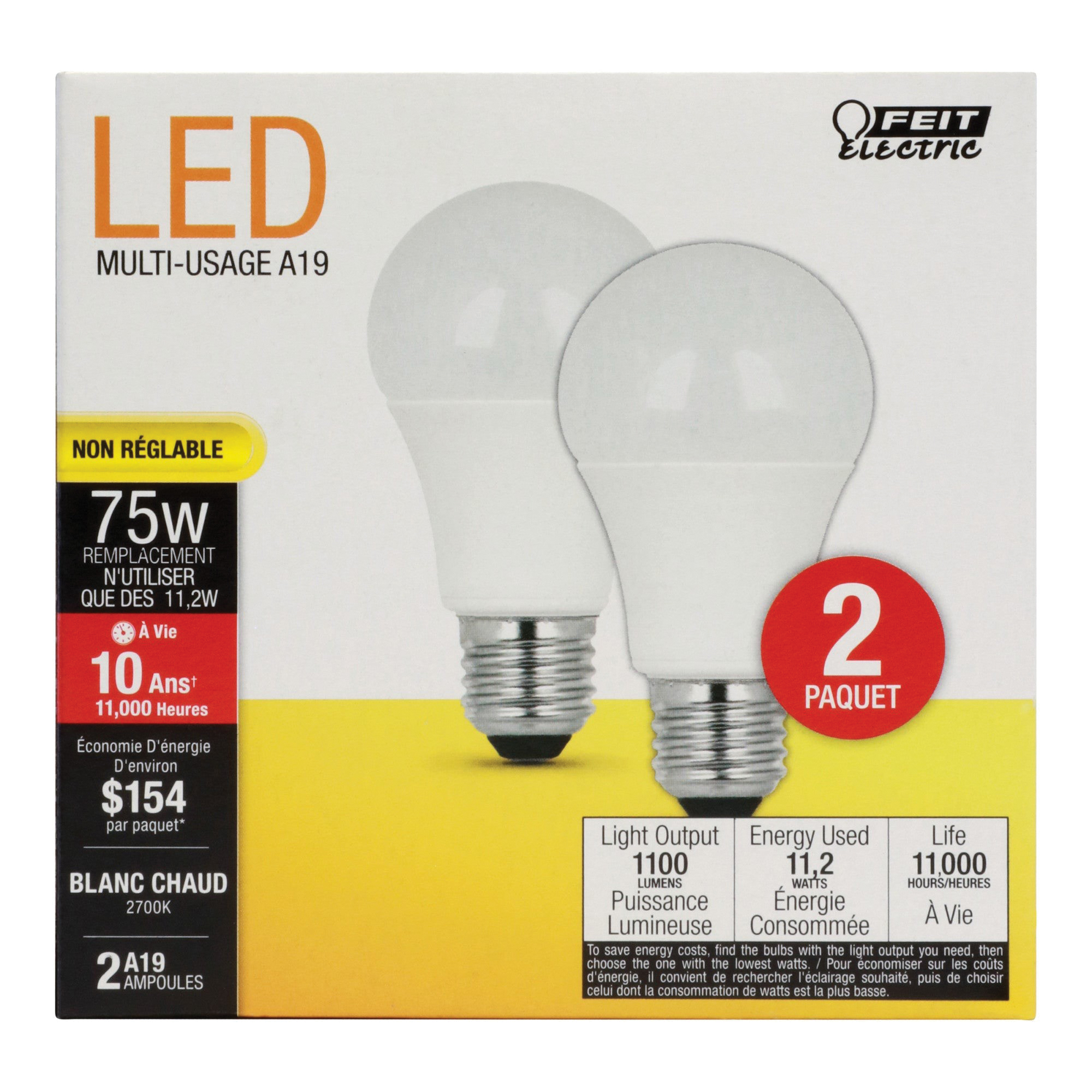 Feit Electric A1100/827/10KLED/2 LED Bulb, General-Purpose, A19 Lamp, 75 W Equivalent, E26 Medium Lamp Base, Soft White - 3