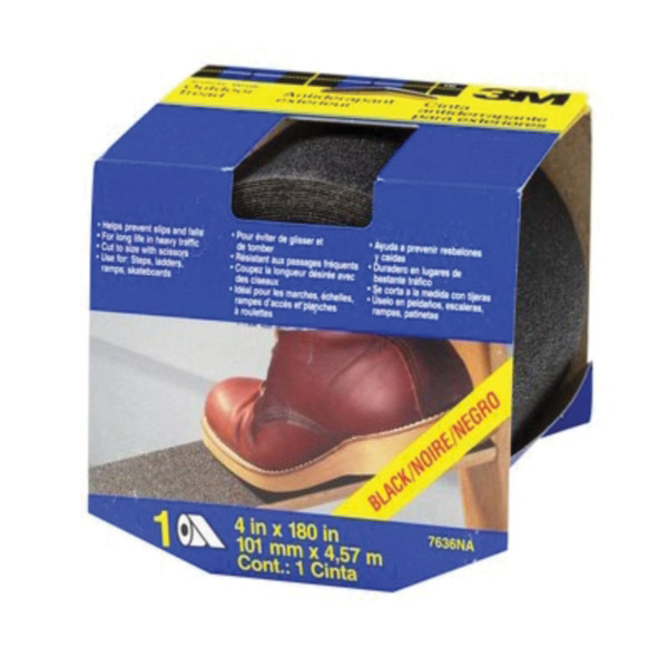 7636NA Tread Tape, 180 in L, 4 in W, Plastic Backing, Black