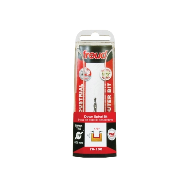 Freud 76-100 Down Spiral Bit, 1/8 in Dia Cutter, 2 in OAL, 1/4 in Dia Shank, 2-Cutter, Carbide