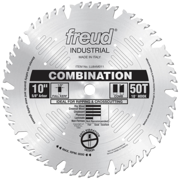 Freud LU84M011 Combination Blade, 10 in Dia, 5/8 in Arbor, 50-Teeth, Carbide Cutting Edge - 1