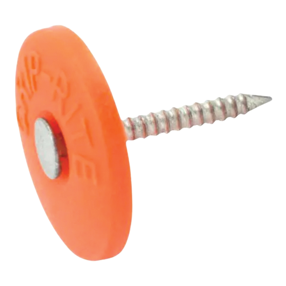 Grip-Rite 112PRCAP1 Round Cap Roofing Nail, 1-1/2 in L, Flat Head, Plastic, Orange
