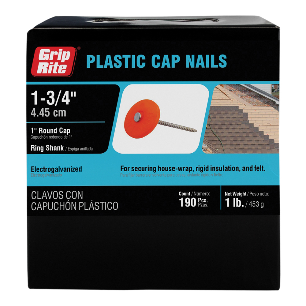 Grip-Rite 112PRCAP1 Round Cap Roofing Nail, 1-1/2 in L, Flat Head, Plastic, Orange