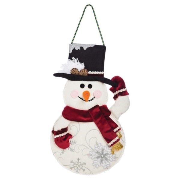 Evergreen Garden Burlap Boutique 2DHBE1224 Snowman with Top Hat Door Hanger, 27-1/2 in H, Poly-Burlap - 1