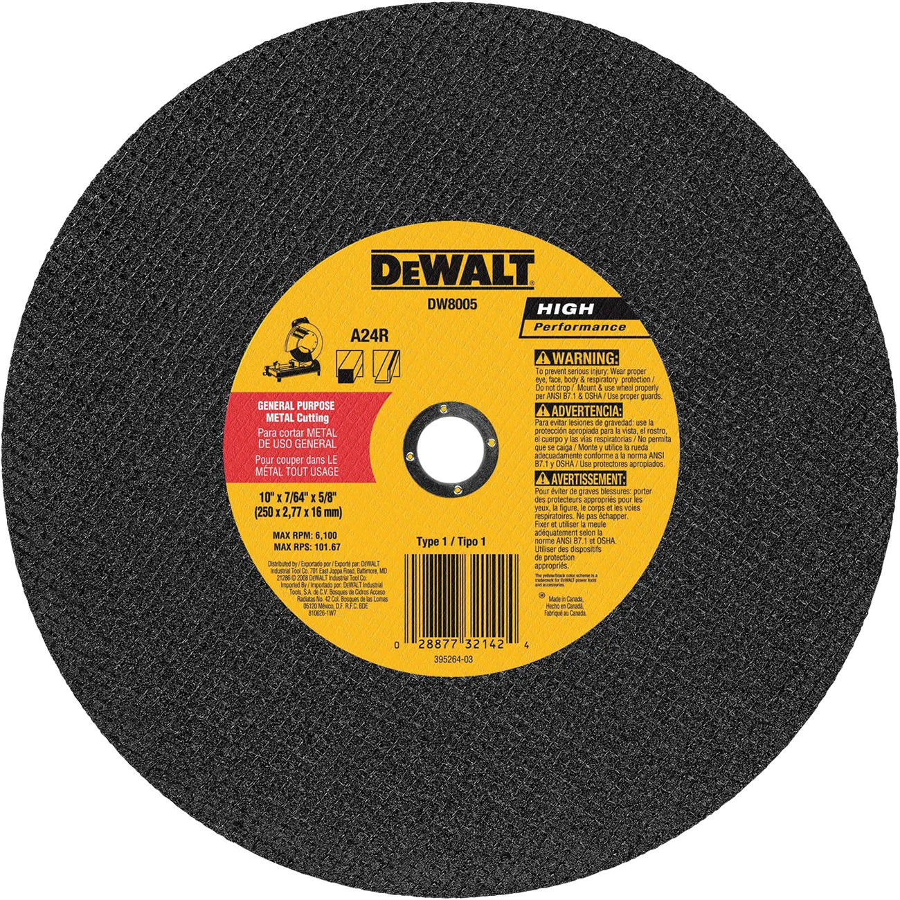 DW8005 General-Purpose Cutting Wheel, 10 in Dia, 7/64 in Thick, 5/8 in Arbor, 24 Grit, Very Coarse
