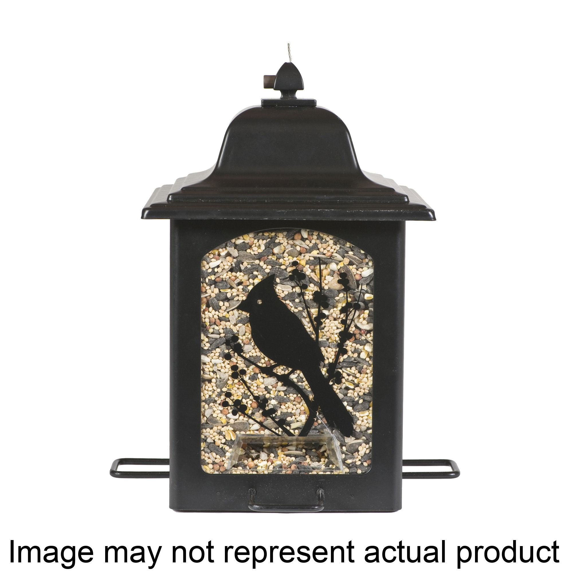 363 Lantern Bird Feeder, Screen-Printed Birds and Berries, 3 lb, 4 -Port/Perch, Metal, Black, Hook Mounting