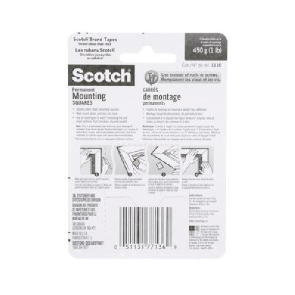 Scotch 111C Mounting Square, 25.4 mm W, 25.4 mm L, Urethane Foam Backing, White, 1 lb - 2