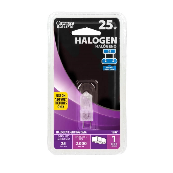 Feit Electric BPQ25/G8/CAN Halogen Bulb, 1.8 in L Dimensions, 25 W, G8 Lamp Base, JCD T4 Lamp, 3000 K Color Temp - 2