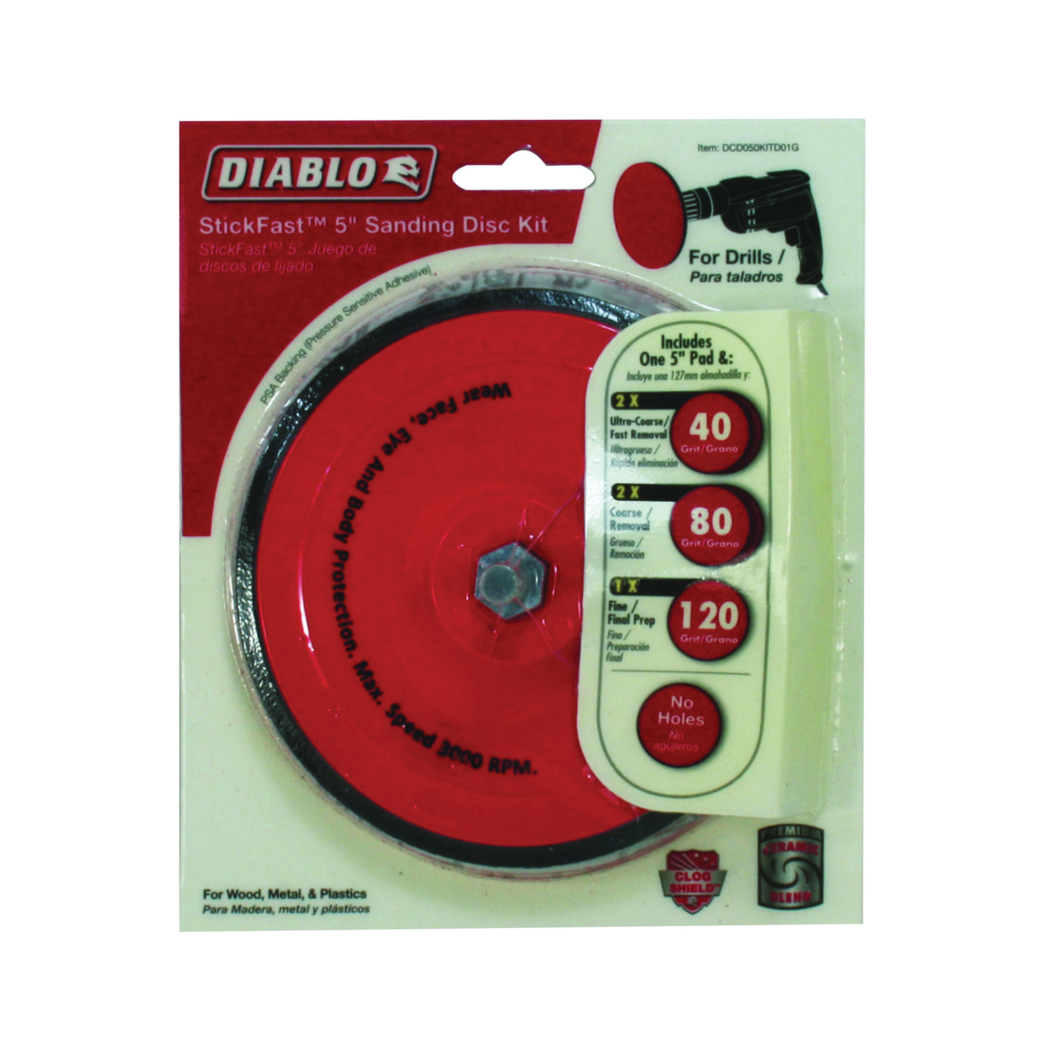 DCD050KITD01G Sanding Disc Kit, 5 in Dia, 40, 80, 120 Grit, Ceramic Abrasive