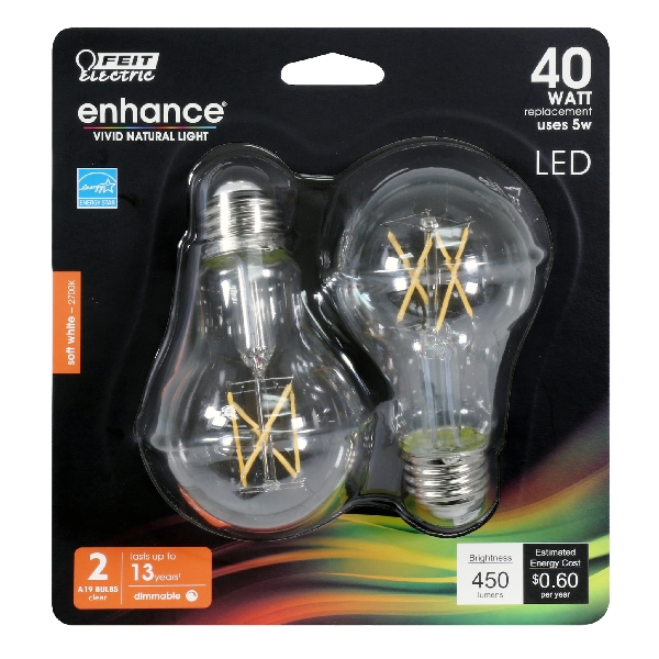 Feit Electric BPA1940CL927CA/FIL/2 LED Bulb, 120 V, 450 Lumens, 5 W, A19 Lamp, 40 W Equivalent, E26 Lamp Base