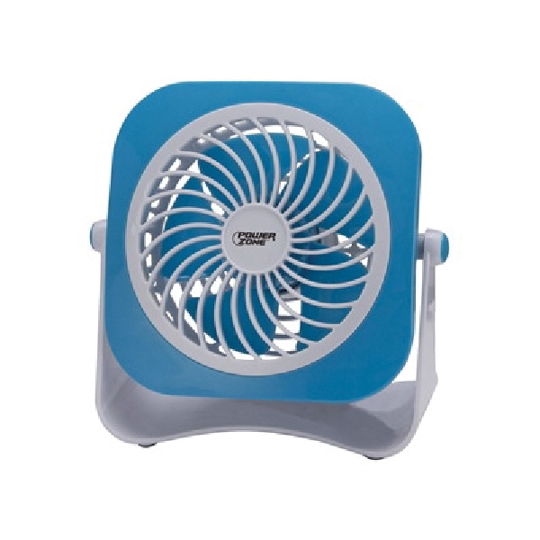 PowerZone QT-U403B Tabletop Fan, 5 VDC, 4 in Dia Blade, 5-Blade, 2-Speed, 48 in L Cord, White/Blue OR White/Red - 1