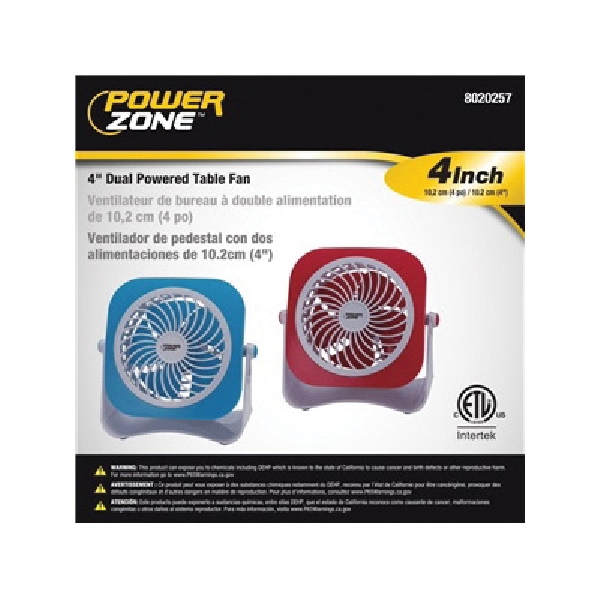 PowerZone QT-U403B Tabletop Fan, 5 VDC, 4 in Dia Blade, 5-Blade, 2-Speed, 48 in L Cord, White/Blue OR White/Red - 3