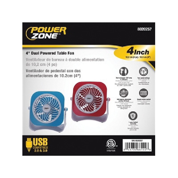 PowerZone QT-U403B Tabletop Fan, 5 VDC, 4 in Dia Blade, 5-Blade, 2-Speed, 48 in L Cord, White/Blue OR White/Red - 4