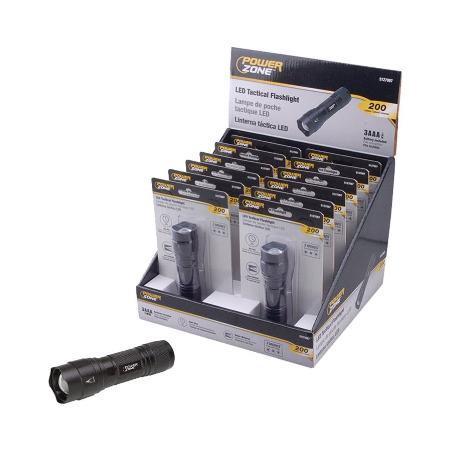 PowerZone F12002 Tactical Flashlight, AAA Battery, AAA Battery, LED Lamp, 200 Lumens, 100 m Beam Distance, Black