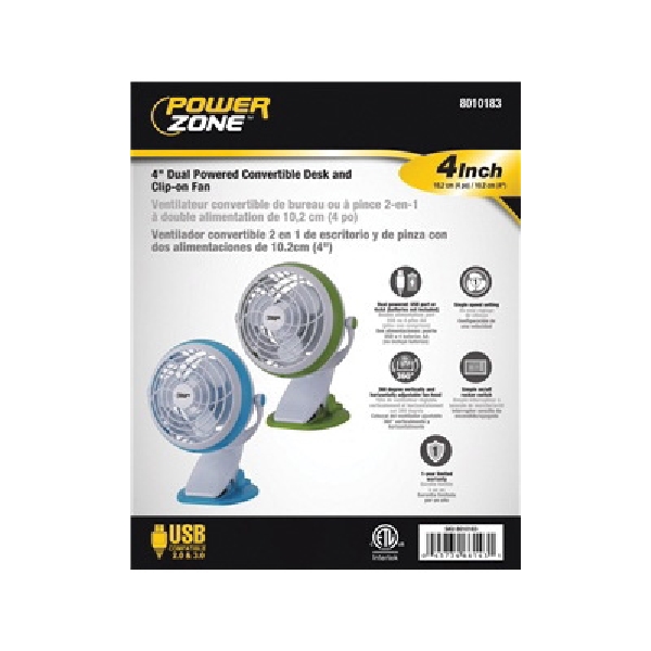 PowerZone QT-U409-D Desk and Clip-On Fan, 5 VDC, 4 in Dia Blade, 3-Blade, 1-Speed, 48 in L Cord, White/Blue/Green - 3