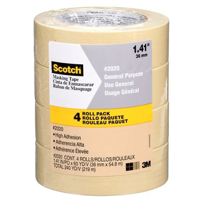 2020-36ECP Masking Tape, 60 yd L, 1.4 in W, Crepe Paper Backing, Tan