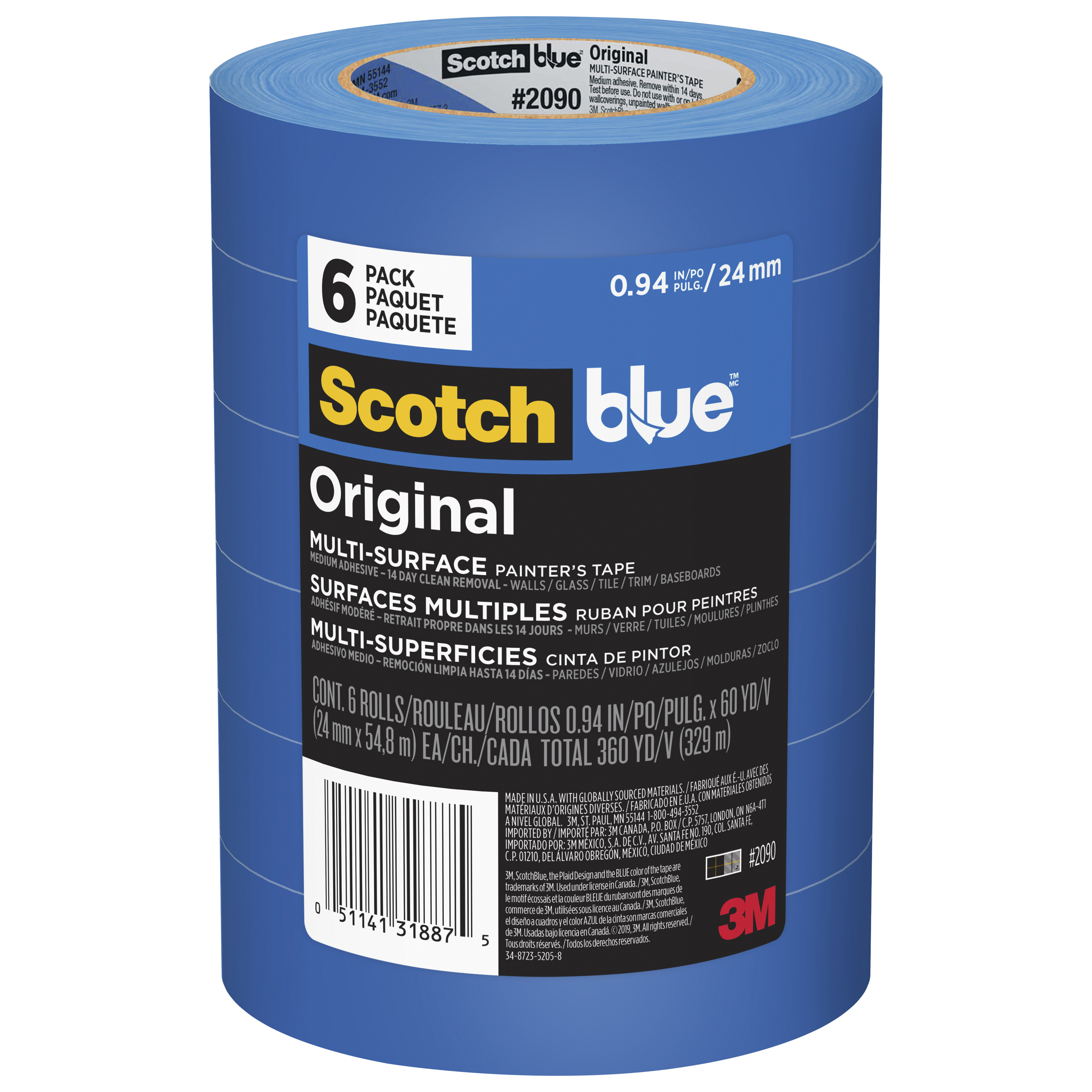 2090-24EVP Painter's Tape, 60 yd L, 0.94 in W, Crepe Paper Backing, Blue, 6/PK