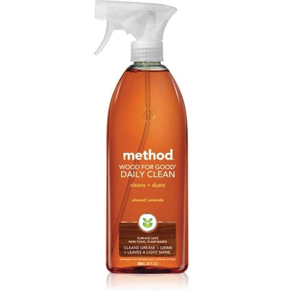 Method Wood for Good 1182 Daily Wood Cleaner, 28 oz Spray Bottle, Liquid, Almond, Translucent Amber