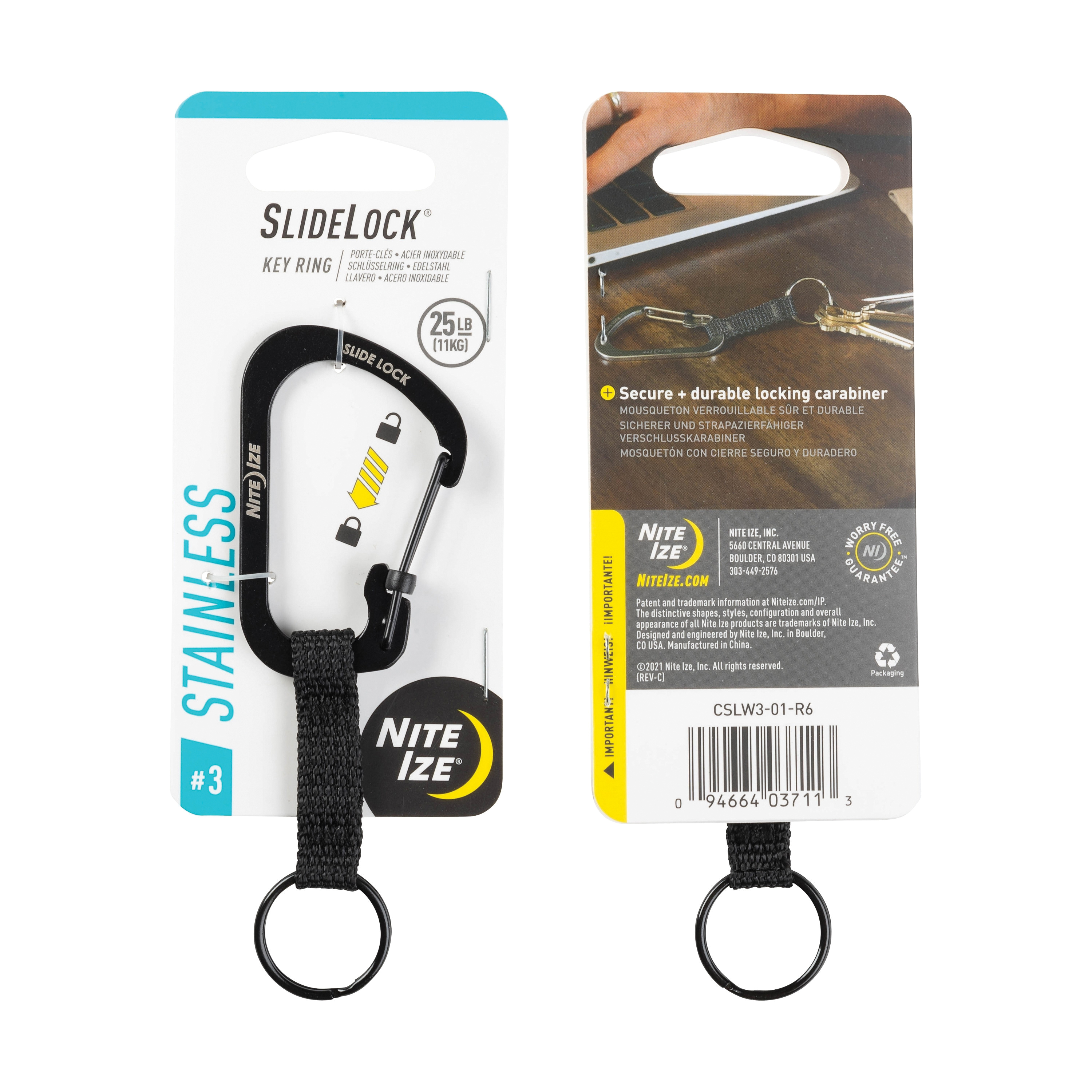 SlideLock CSLW3-01-R6 Key Carabiner with Strap, 5-3/4 in OAL, Stainless Steel, Black